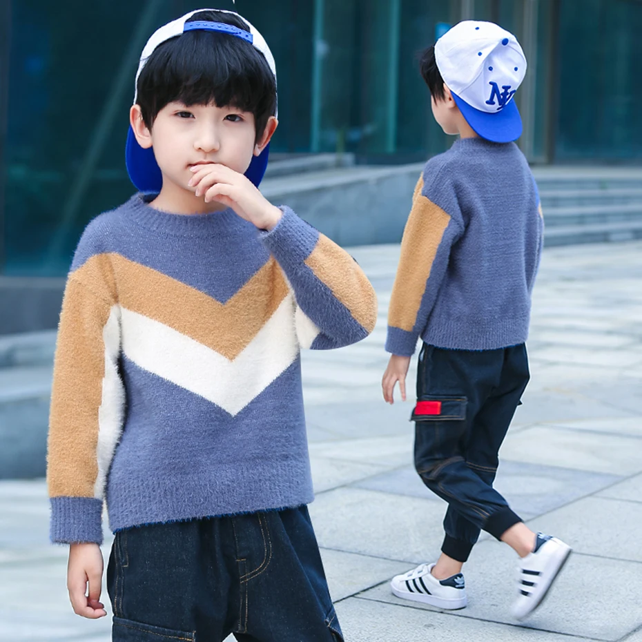 Свитер для мальчиков свитер в полоску стиле пэчворк детский пуловер с круглым