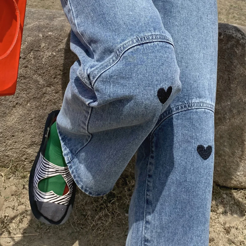 

Korejepo Women Jeans 2021 Summer New Street Style Casual Korean Chic Love Printed High Waist Straight Loose Long Pants Female