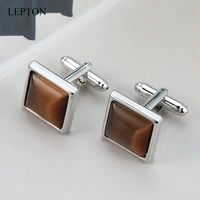 low key luxury brown stone cufflinks for mens lepton square silver color metal high quality man french shirt cuffs cufflink