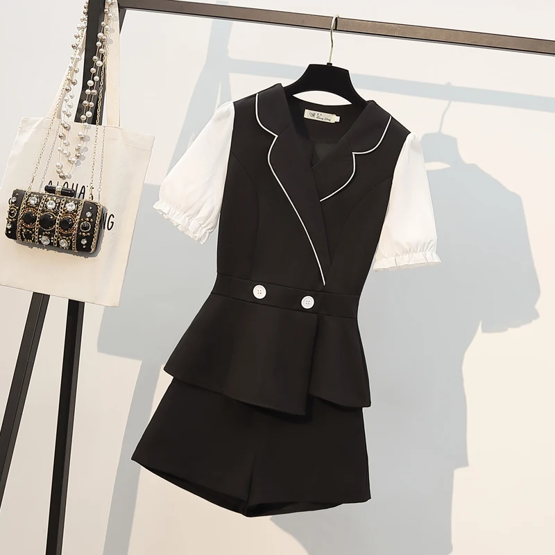 

2021 Summer New Temperament Suit Set Women Fashion Short Sleeve Button Patchwork Tops + Shorts Suits Office Lady Plus Size Sets