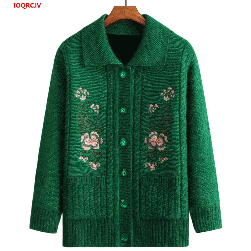 Elderly Women Knit Sweater Coats Large Size Winter Warm Plus Velvet Grandmother Loose Cardigans Casual Tops W1662 |