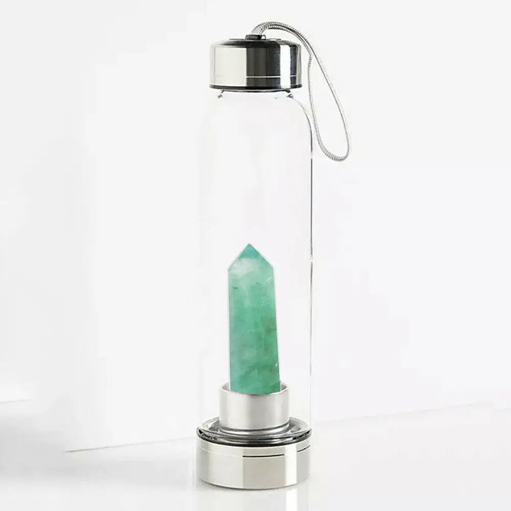 Green Fluorite 500 мл, бутылка для воды из натурального кварца, кристалл, камень, обелиск, натуральная энергия, гравий, драгоценный камень, стеклянная чашка, для спорта на открытом воздухе, дома, подарок - Цвет: Green Fluorite