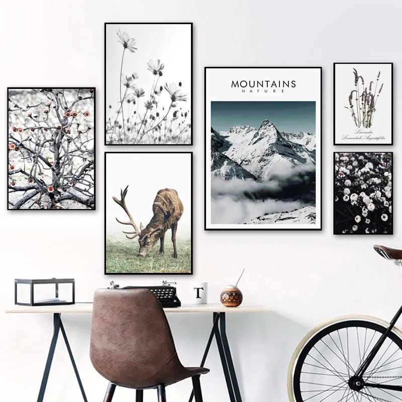 

Nature Landscape Canvas Painting Nordic Posters and Prints Snow Mountain Scandinavian Deer Flower Wall Art Picture Home Decor