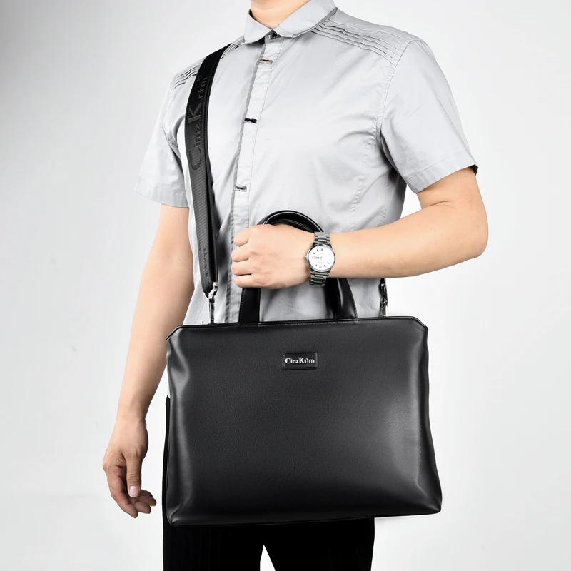 Man's Briefcase PU Leather Shoulder Bag 14 Inch Laptop Bag Male Travel Bag Big Capacity Handbag, Black&Brown