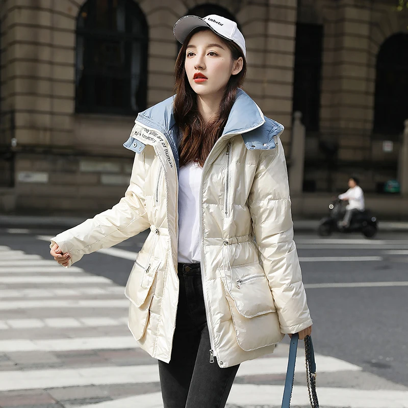 

Bright face down jacket 2020 new women's winter large loose waist white duck down fashion wash free women's coat