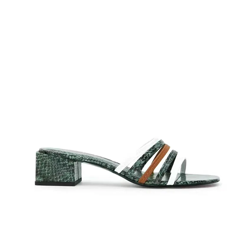 

Shoes Snakeskin Multicolored Sandals Med Ladies' Slippers Square heel Block Mixed Colors Scandals Round Toe Slides Rubber Rome F