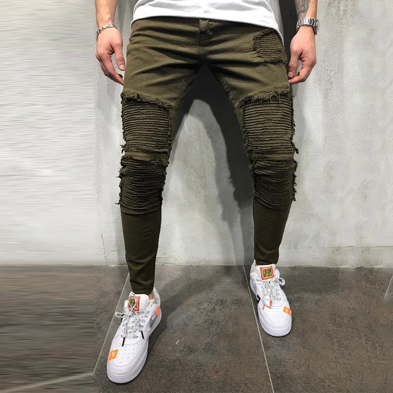 

Men's trend pleated hole solid color casual jeans men's trousers