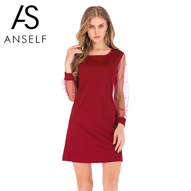 Платье Anself женское с длинным сетчатым рукавом|female dress|women autumn dressautumn dress |