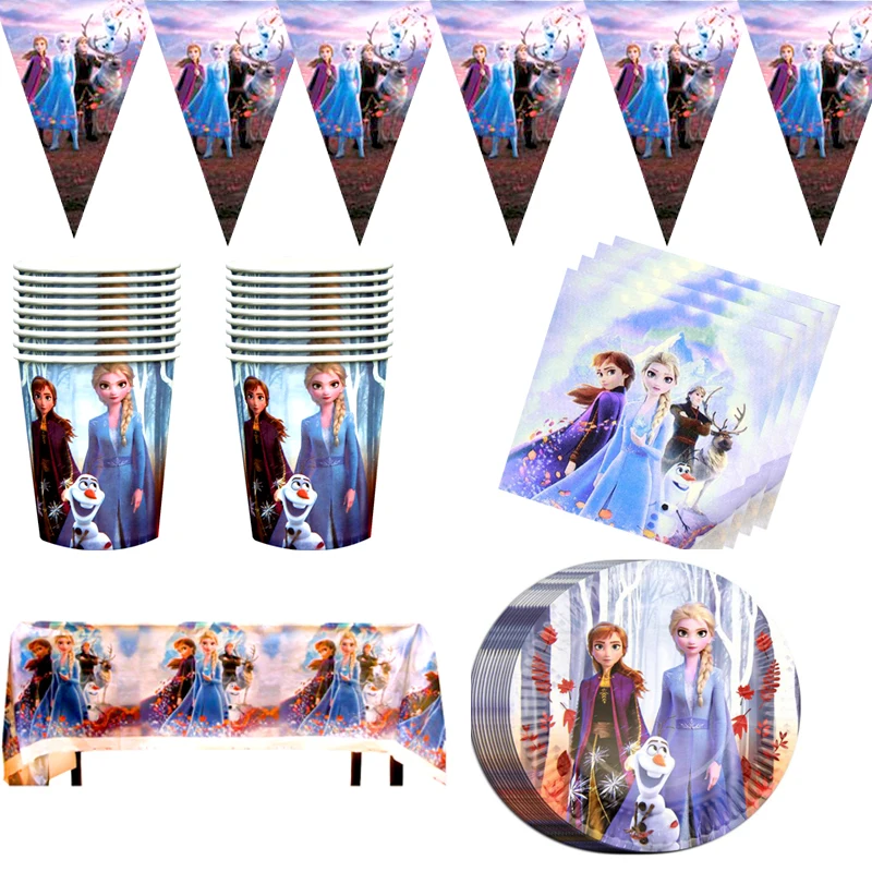 

51pcs/lot Frozen Theme Tablecloth Napkins Birthday Party Flags Elsa Anna Princess Plates Cups Decora Girls Favors Tableware Set