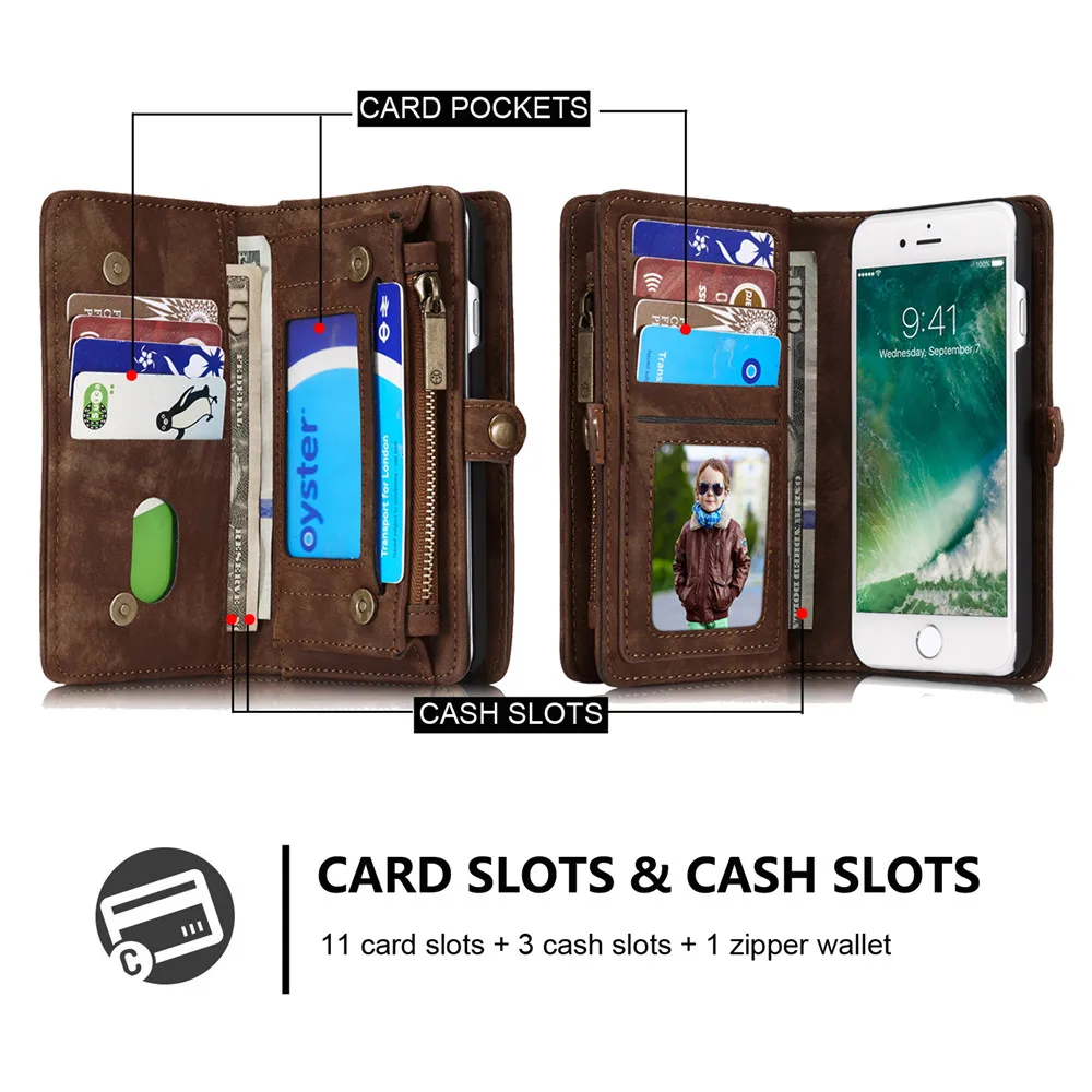 CaseMe Магнитный чехол кошелек из натуральной кожи на молнии для iPhone 12 Mini 11 Pro XS Max XR X