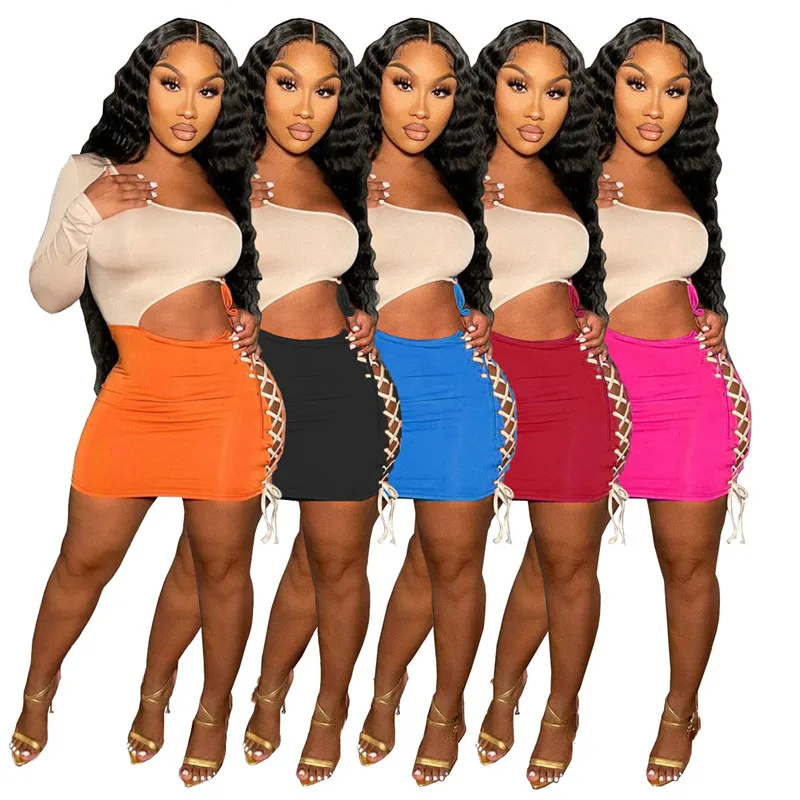 

WUHE Sexy Side Slit Lace Up Mini Women Dress Color Block Patchwork Hollow Out One Shoulder Bodycon Clubwear Party Dress Robe