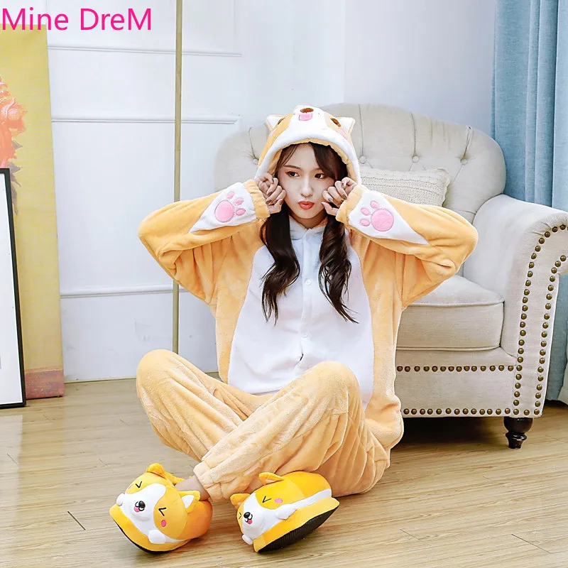 Комплект Кигуруми для взрослых женщин мужчин животных корги пижамы фланелевая