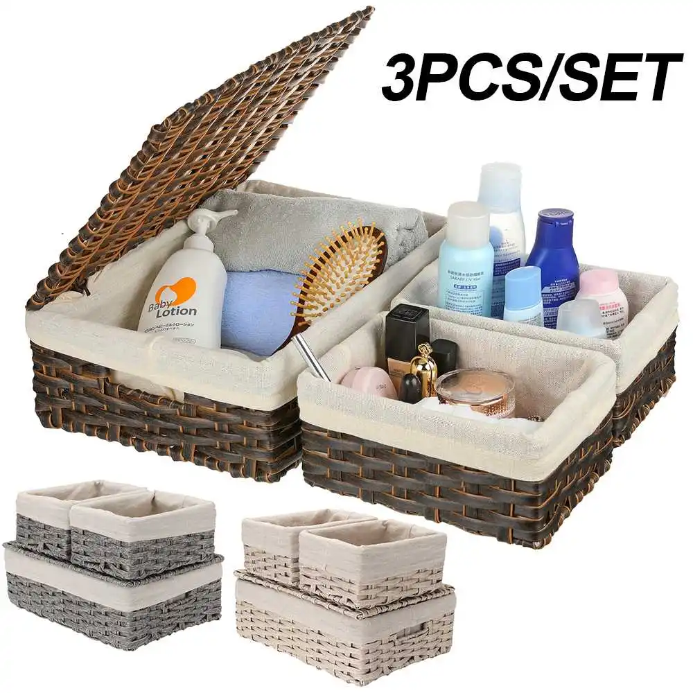 

3 шт./компл. корзины для хранения из ротанга ручной работы, плетеная корзина из плетеной ткани с подкладкой и ручкой для крышки, бытовые предм...