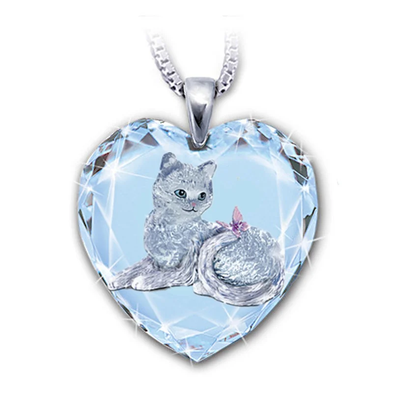 

Natural Crystal Glass Cat Necklace Cute Cat Pattern Heart Pendant Ladies Fashion Elegant Necklace Luxury Fashion Gift Jewelry