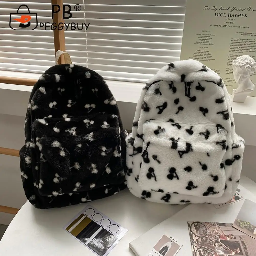 

Fashion Cherry Printing Backpack with Eggette Pendant Women Autumn Winter Plush Rucksacks Casual Large Capacity Zipper Bagpack