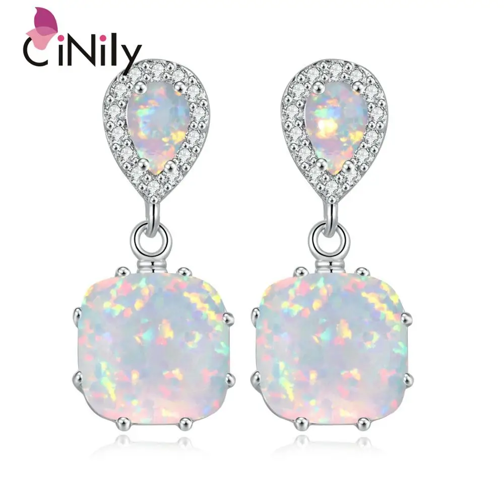 

CiNily Blue White Fire Opal Stone Long Stud Earrings Silver Plated Tear Drop Filled Earring Wedding Engagement Party Jewelry