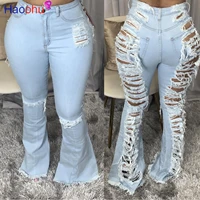haoohu women ripped jeans solid sexy hole jeans flare trousers skinny bell bottom high waist lady denim pants