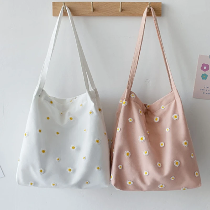 

Cute Flower Embroidery Shoulder Bag lady Casual Shopping Handbag 2021 Summer Large Capacity Female Travel Beach Canvas Tote