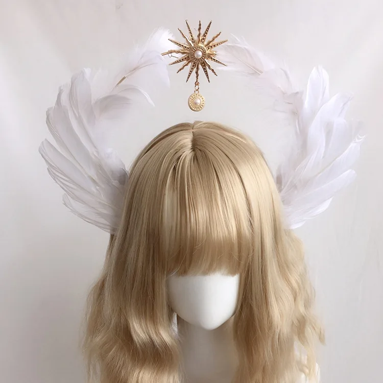 

lolita virgin halo headband wheat ear cross feather church pope golden hair ornament
