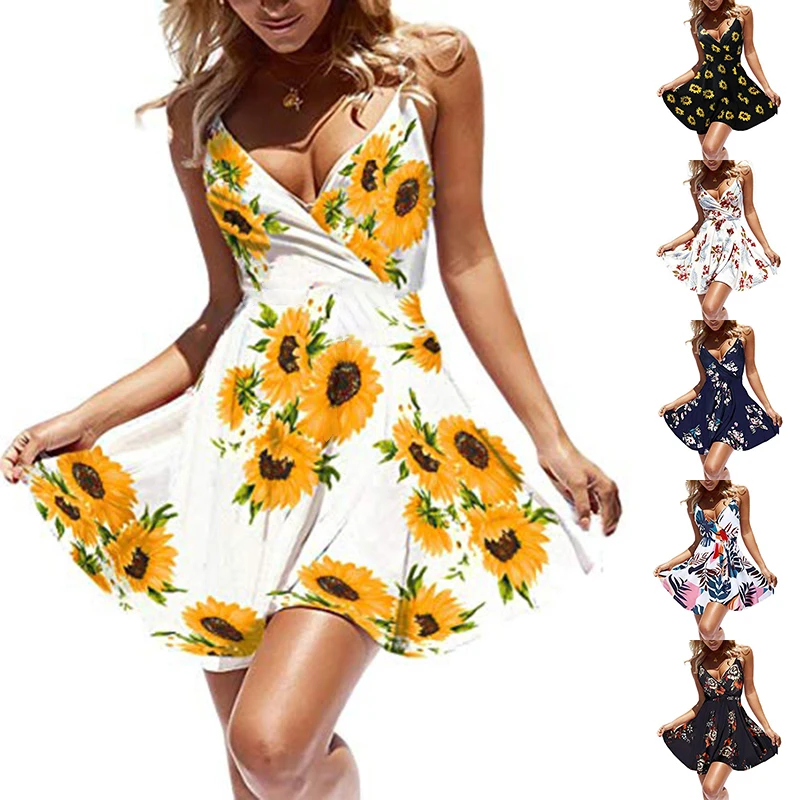 Женское мини платье летнее Повседневное на бретельках с цветочным принтом