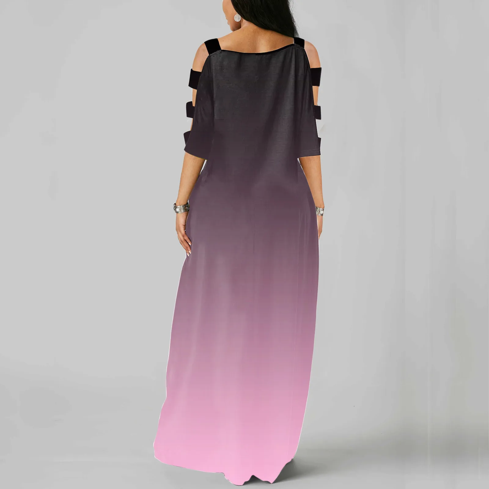 

Dresses For Women 2021 Women Round Neck Gradient Color Side Pocket Ladder Cutout Sleeve Maxi Dress Traf Summer Dress 2021 robe