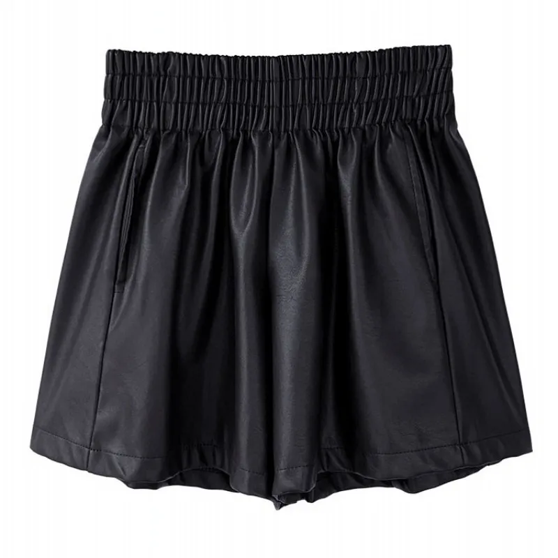 

Women Black Pu Leather Shorts Casual Loose Pleated Elastic Waist High Waist Trousers High Street Female A-Line Wide-Leg Hotpants