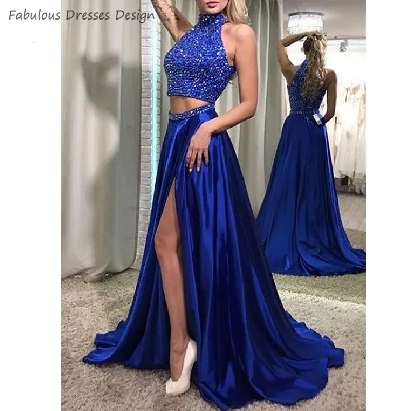 

Royal Blue Two Pieces Prom Dresses A Line Crystal High Collar Split Evening Dress Party For Women Sweep Train Vestido De Festa