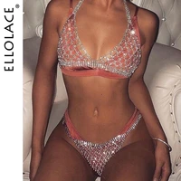 ellolace sexy rhinestone crystal bralette lingerie set womens underwear jewelry for lady chain bling rhinestone bra and thong
