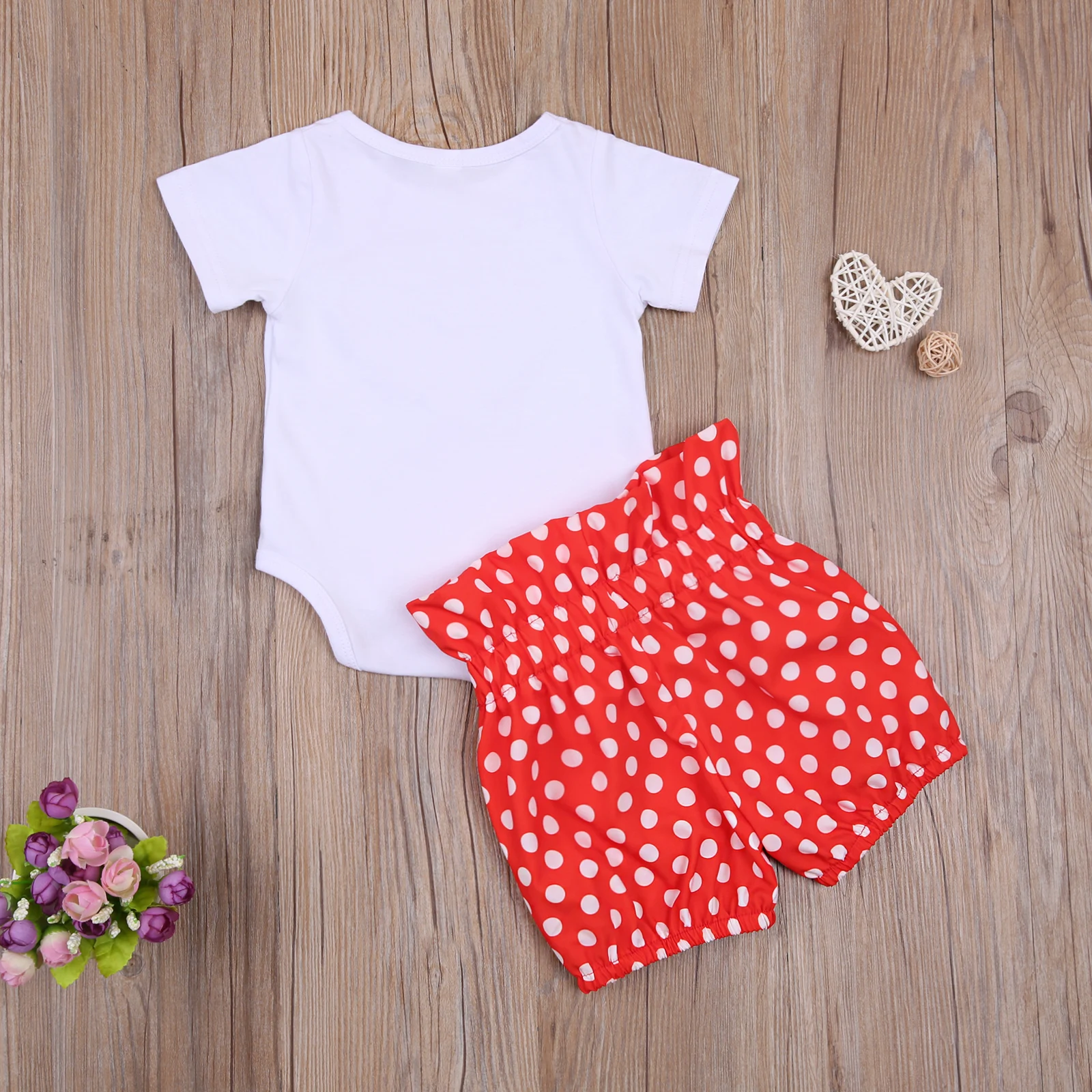 Conjunto de dos piezas de verano para reci&eacute;n nacido, Pelele de manga corta con estampado de coraz&oacute;n, Tops, pantalones cortos de lunares para beb&eacute; ni&ntilde;a-2