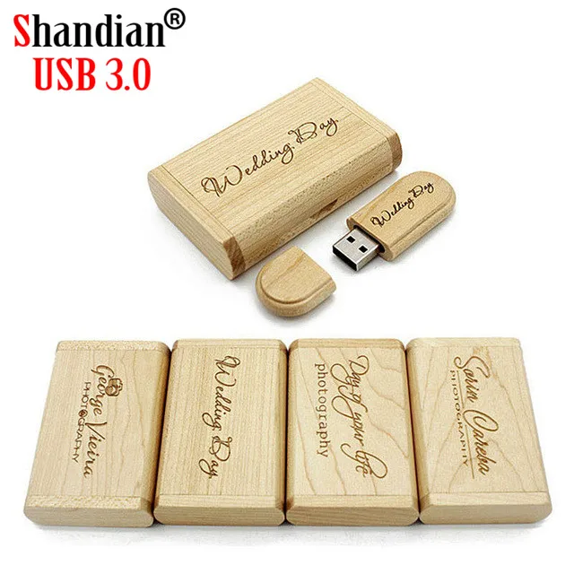 SHANDIAN USB 3,0 высокоскоростной Бесплатный Пользовательский логотип деревянный USB флеш-накопитель Кленовая древесина + коробка Флешка 4 ГБ 32 ГБ 64 Гб карта памяти подарки - изображение