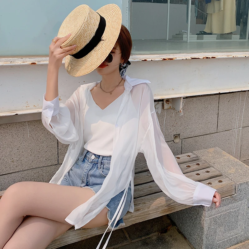 

2021 Summer New Elegant Solid Irregular Blouses Single Breasted Women Thin Sun Protection Shirt Sunscreen Blouse White Female