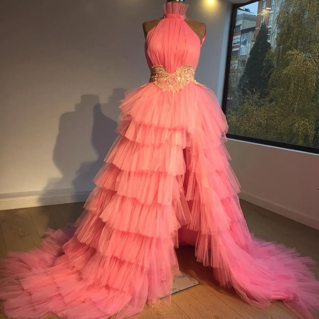 

Princess Pink Prom Dress Halter Sleeveless Side Split Sweep Train Layered Puffy Tulle Sequins Waist Evening Dress Customize