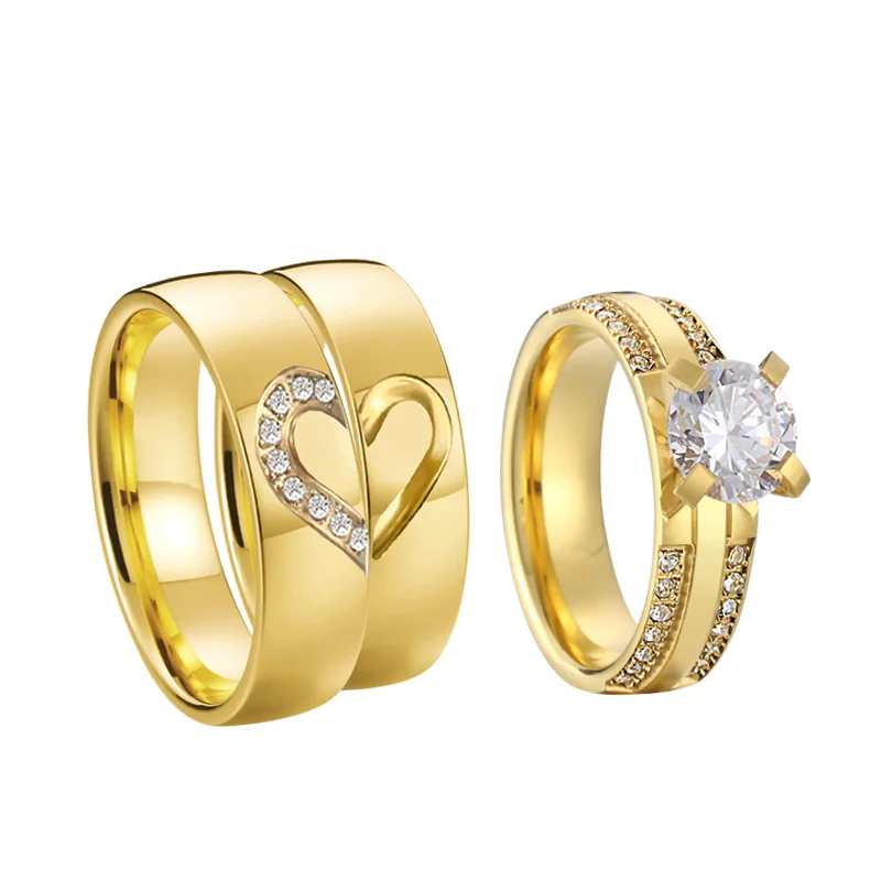 Conjunto de anillos de compromiso de propuesta de boda para hombres y mujeres, alianza para amantes del Corazón Dorado, 3 piezas, anillo de compromiso para pareja