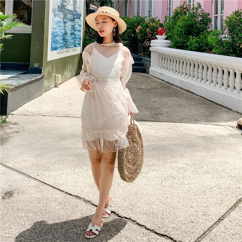 

Fashion Summer Women Starry Sky Mesh Sequins Long Sleeve Dress Vetidos Casual Beach Office Dress O-neck Female Beach Dresses