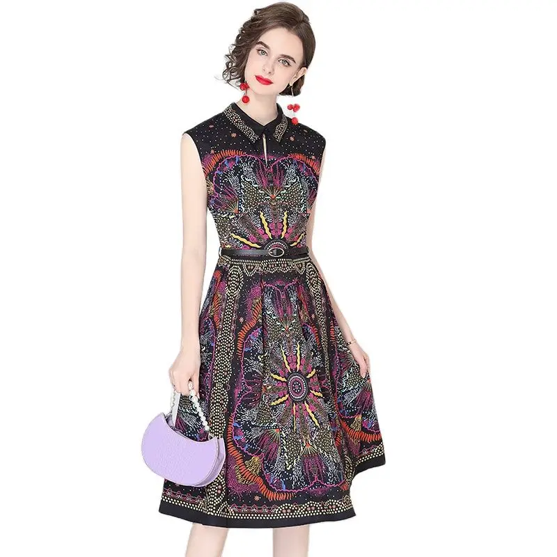 

Элегантное винтажное платье с высокой талией без рукавов с отложным воротником, шикарный принт с поясом, приталенные платья, бальное платье...