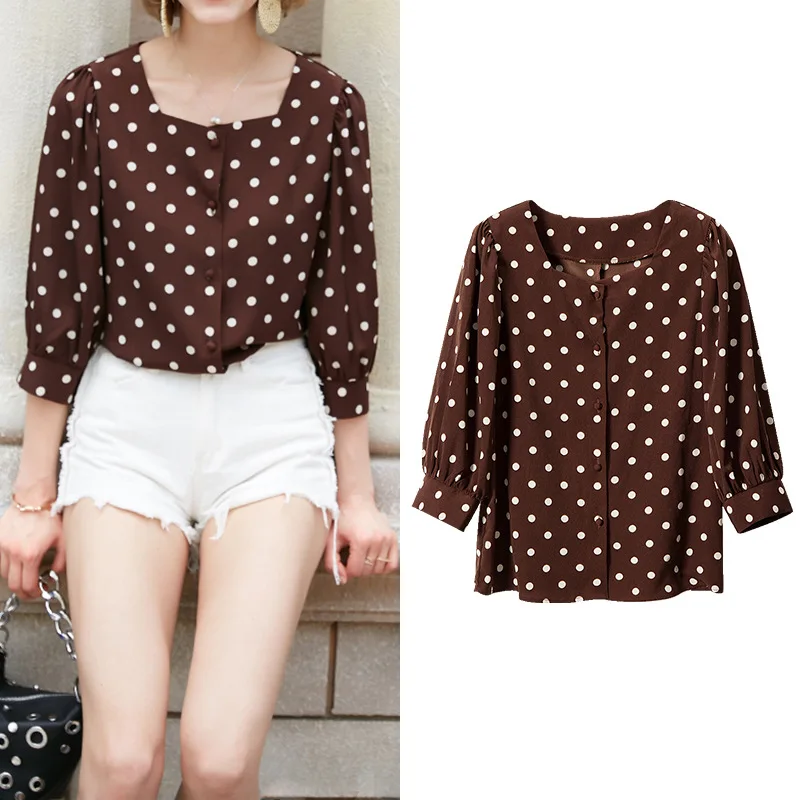 

Brown Polka Dot Cropped Lantern Sleeve Shirt Retro Commuter's All-Matching Square Collar Top Women