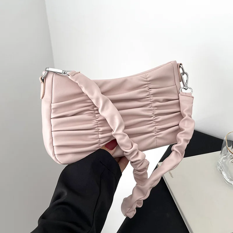 

Fashion Women's Underarm Bag Summer Folds PU Leather Ladies One-shoulder Bags Female Pink Small Tote Purse Handbags Bolso Mujer