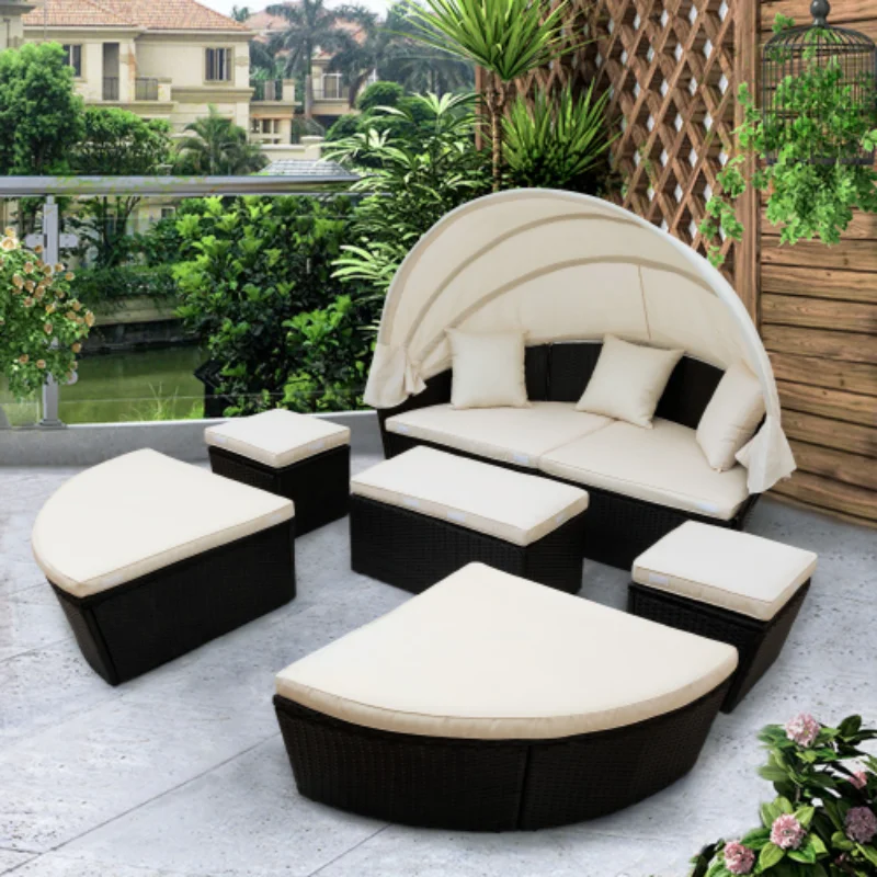 Outdoor garden furniture rattan sofa bed and retractable canopy round outdoor set wicker clamshell seat beige. | Мебель