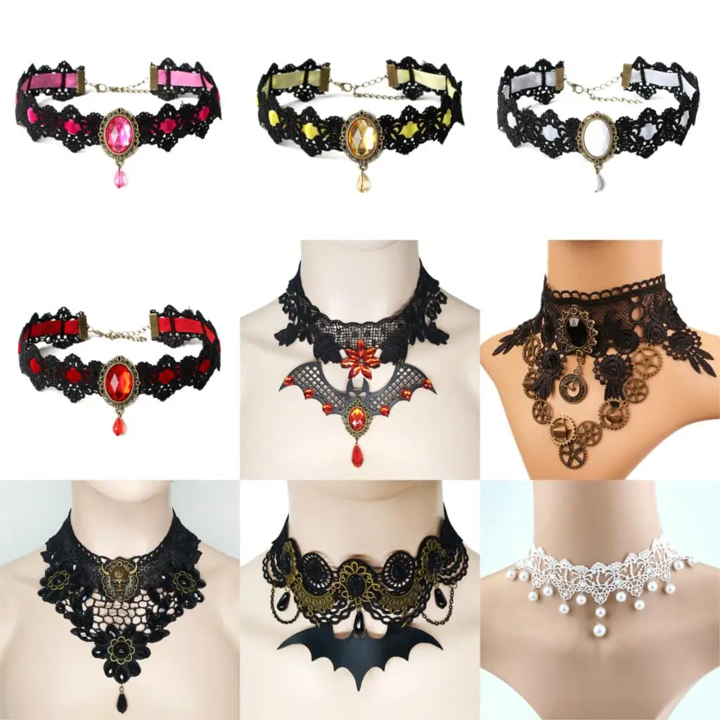 1 Pcs Gothic Chokers Black Stone Sexy Lace Neck Choker Necklace Vintage Victorian Women Chocker Steampunk Halloween Jewelry