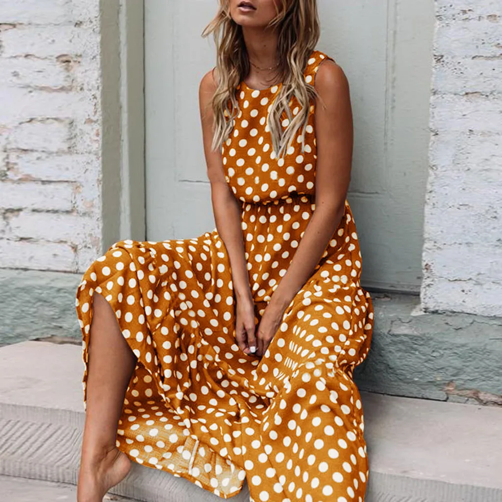 Polka Dot Boho Sundress Women Summer Beach Maxi Long Dresses Sexy Elegant Sleeveless Belts Evening Party Dress Vestido De Mujer | Женская