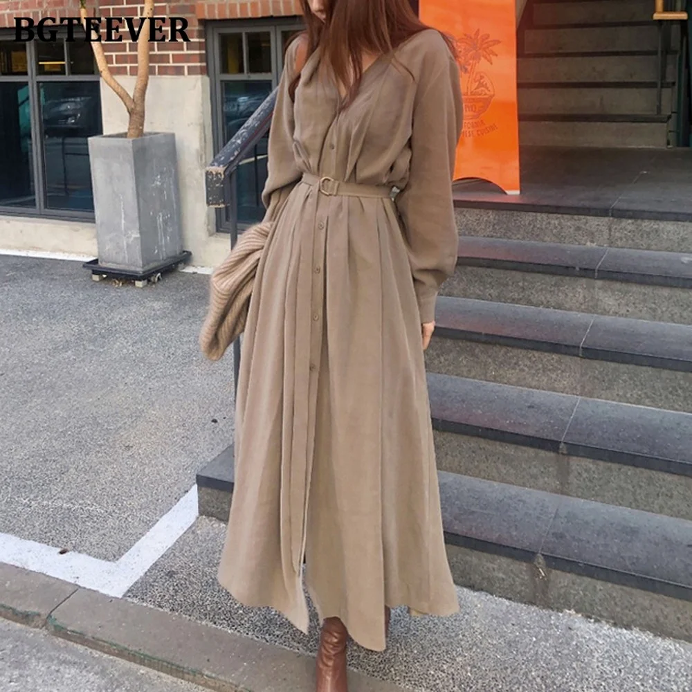 

Windbreaker Single-breasted Dress Elegant Long-sleeved Belt Female V-neck Casual Korean Dress Straight Loose Beauty Spring/fall