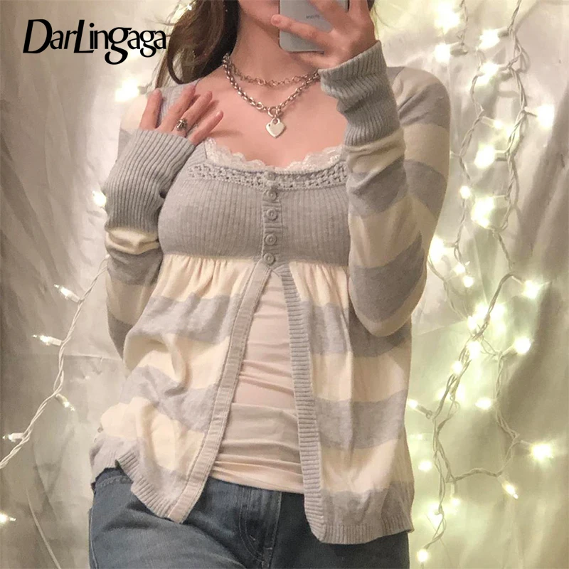 

Darlingaga Harajuku Y2K Stripe Lace Trim Knitted Sweater Women Long Sleeve Cardigan Buttons Up 2000s Aesthetic Cute Sweaters New