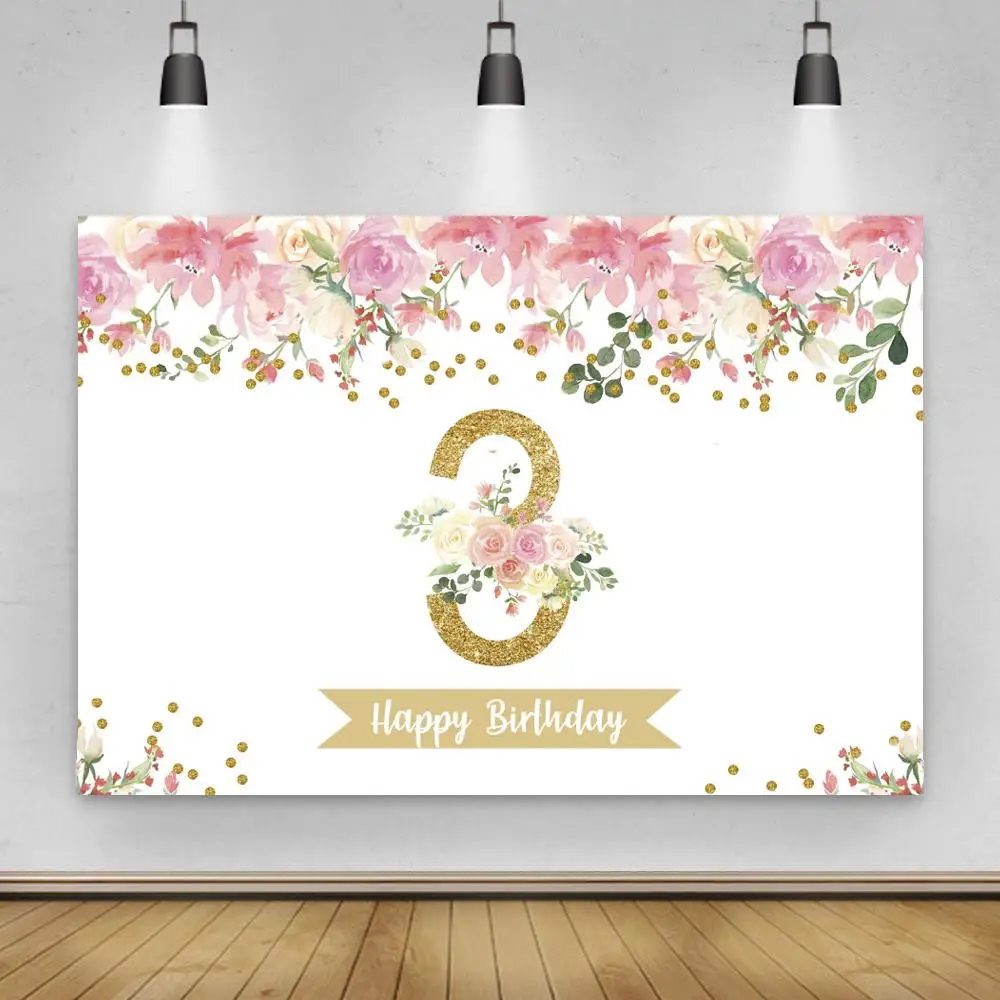 

Golden 1 2 3 Kids Birthday Floral Banner Decor Backdrops Pink Rose Princess Party Cake Table Photo Backgrounds