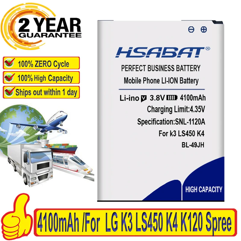 HSABAT Топ бренд 100% новый аккумулятор 4100mAh для LG BL 49JH K3 LS450 K4 K120 Spree K121 K130 k120e K130e в