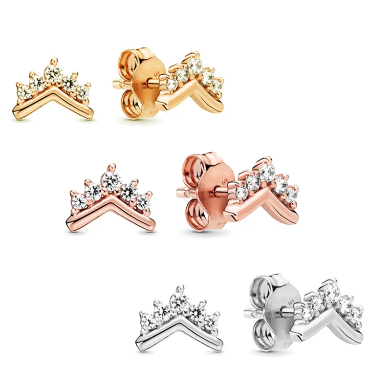

France 2021 Hot Sale Silver Plated Simple Clear CZ Crown Charm Stud Earrings for Women Cute Party Christmas Best Gift Jewelry