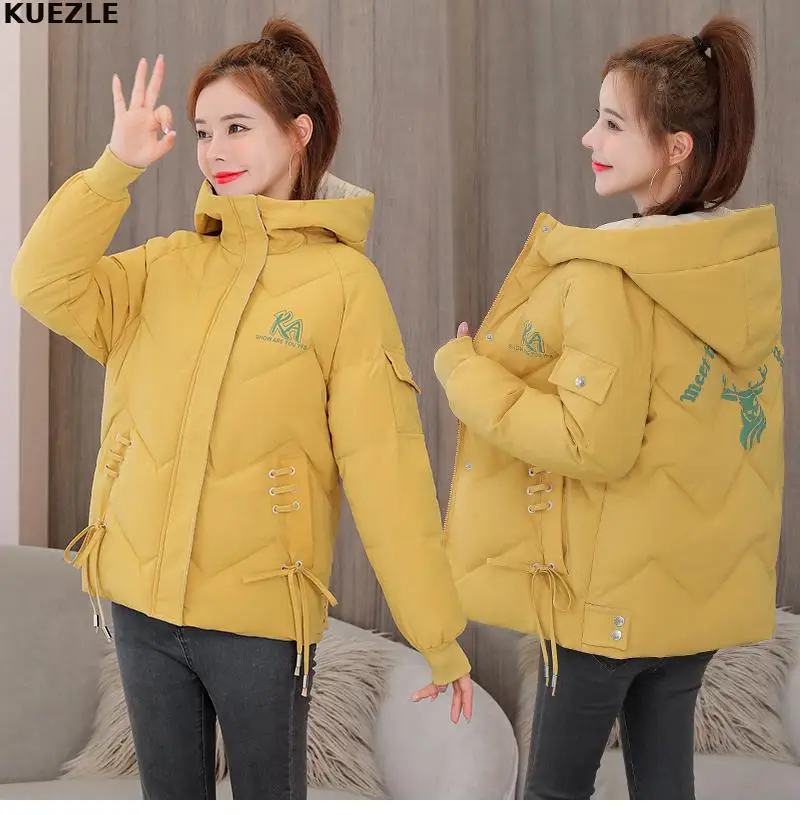 

Casaco Short Hooded Parka Coat Fashion Letter Drawstring Winter Jacket Women 2020 Warm Adjustable Waist Office Lady Parkas coats
