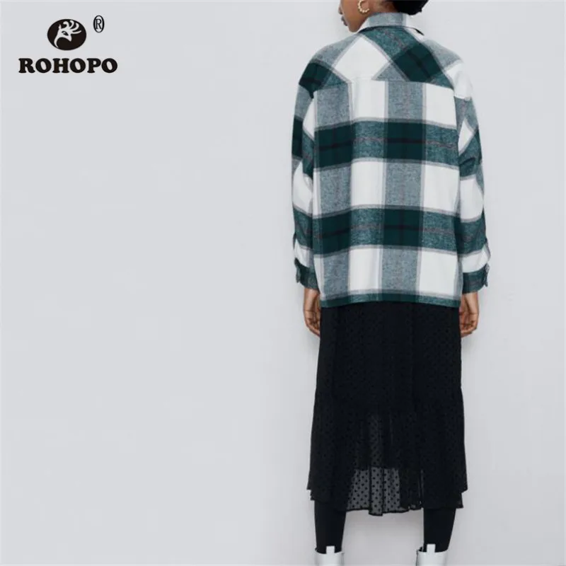 ROHOPO длинный рукав отложной воротник Шотландка большие пуговицы карманы толщина