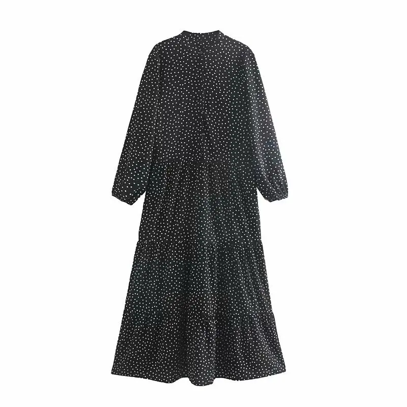 Черное длинное платье в горошек осень 2019 женское свободное с длинным рукавом