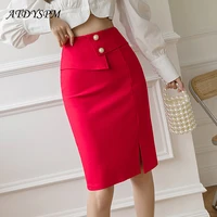 office lady elegant stretch package hip skirts high waist pearl buttons midi skirts women plus size split casual pencil skirt