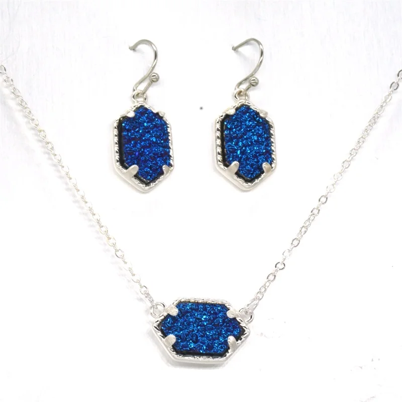 Druzy Drusy ожерелье серьги ювелирный набор смолы кристалл серьги с камнем серебряный бренд шестиугольник Висячие серьги для женщин вечерние - Окраска металла: D BLUE